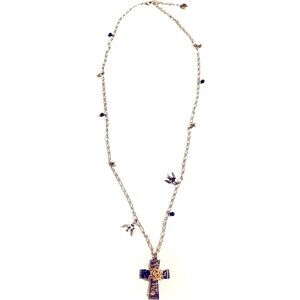 BETSY JOHNSON Long Necklace, Cross Medallion with a Centered Gold Rose